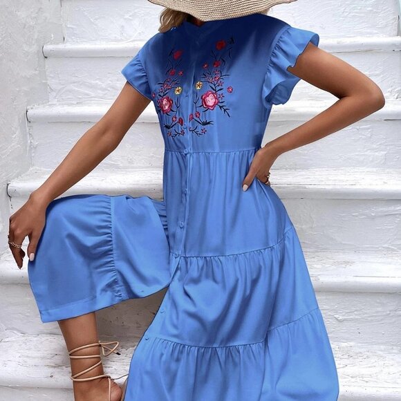 Blue Boho Womens Floral Embroidery Ruffle Hem Smock Dress - Picture 5 of 5